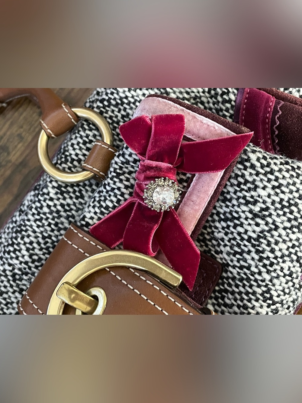 COACH SOHO Tweed & Suede Crystal Bow Satchel - Picture 7 of 12
